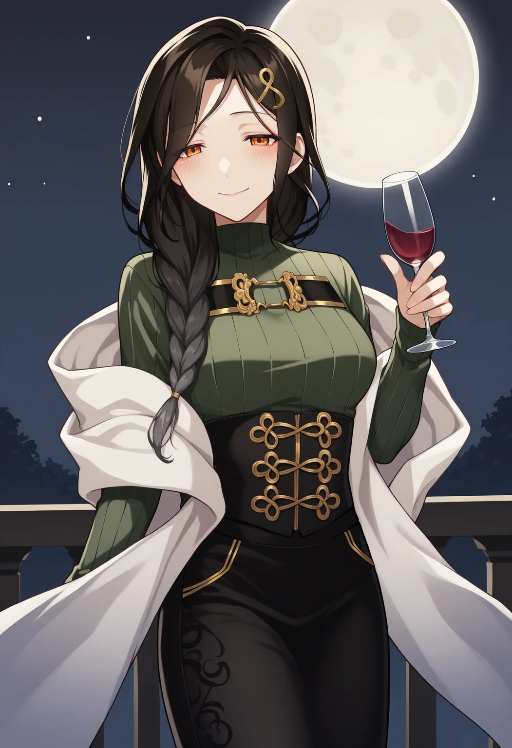 score_9, score_8_up, score_7_up, source_anime, st1, orange eyes, black hair, multicolored hair, gradient hair, braid, single braid, long hair, hair ornament, smile, sweater, green sweater, ribbed sweater, long sleeves, shawl, corset, skirt, black skirt, long skirt, looking at viewer, wine, holding wine glass, night, moon, dark, half-closed eyes, blush<lora:ShirayukiTomoeXLv2-18:1>