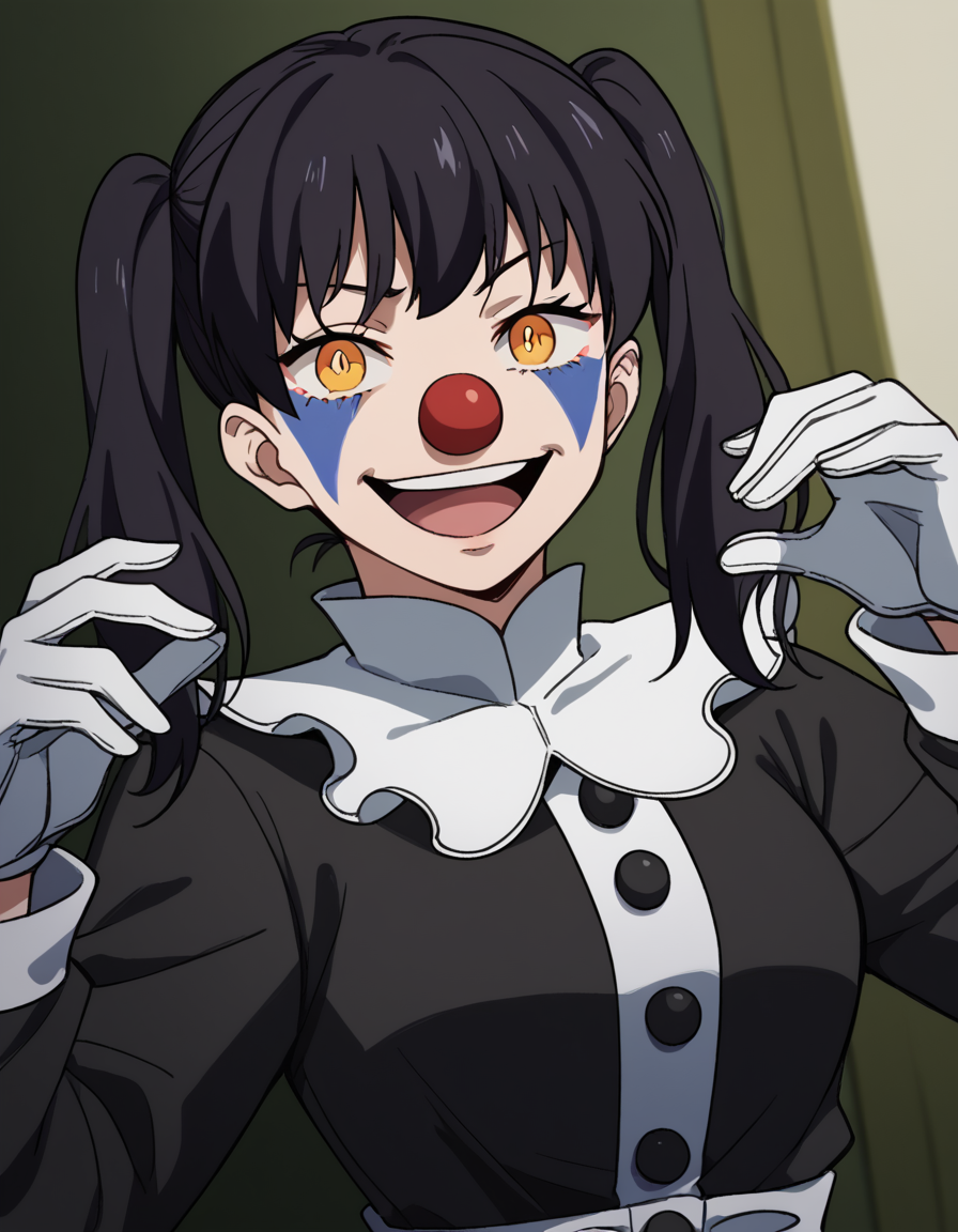 score_9, score_8_up, score_7_up, source_anime, <lora:tamaki-kotatsu-s1s2-ponyxl-lora-nochekaiser:1>, tamaki kotatsu, long hair, bangs, black hair, twintails, medium breasts, yellow eyes, orange eyes,, <lora:clown-ponyxl-lora-nochekaiser:1>, clown, makeup, clown nose, facepaint, gloves, long sleeves, frills, dress,, smile, open mouth, smug, , dutch angle, cowboy shot