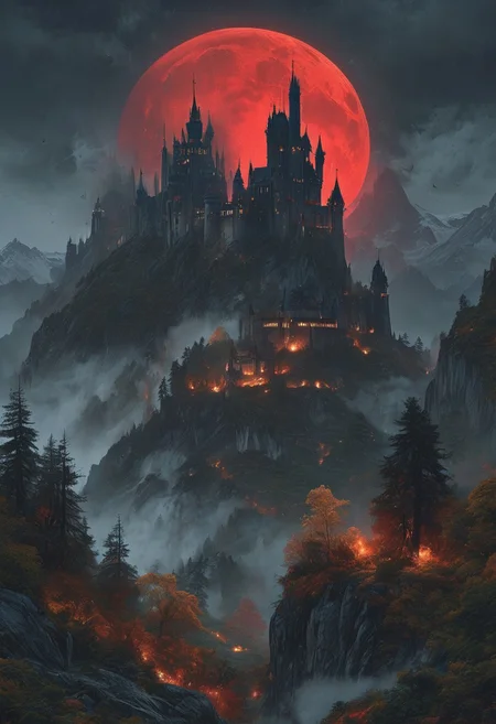 A captivating night scene illustration featuring a forboding and haunted castle on a great  great mountain. The castle and mountain are much like Neuschwanstein Castle in Bavaria.  This enchanting artwork captures a dark and ominous night, where an ominous red bloodmoon hangs above  over the  tree covered mountain range and castle which   stands resolute amidst the great mountains, creating a cinematic experience., illustration, cinematic
<lora:DonM3t3rn1tyXL-v1.1:0.7>, DonM3t3rn1tyXL,
OverallDetailXL  <lora:MJ52:0.3>  <lora:SDXLFaeTastic2400:0.4>  <lora:EpicF4nta5yXL:0.7>