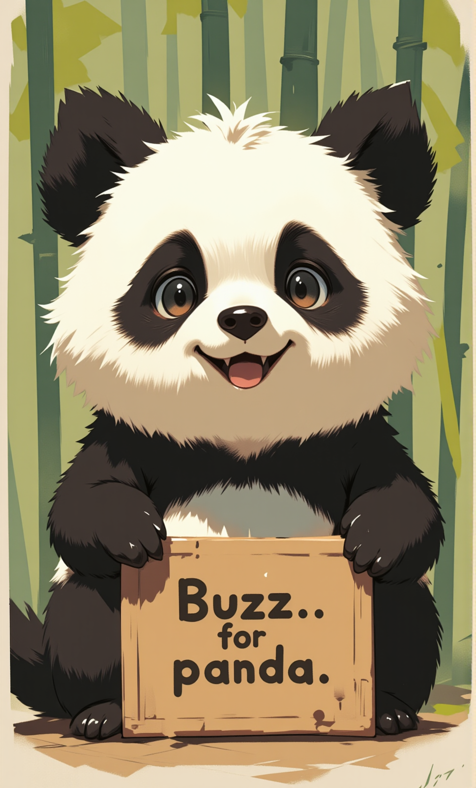 <lora:vintage_speedpaint2_flux:0.8> vintage speedpaint, <lora:MJanime_Flux_LoRa:0.8> (fluffy black and white dog:1.1) that looks like a panda, (pointy ears:1.1), (holding a sign that says "buzzz for panda":1.2), (bamboo background:0.5)
