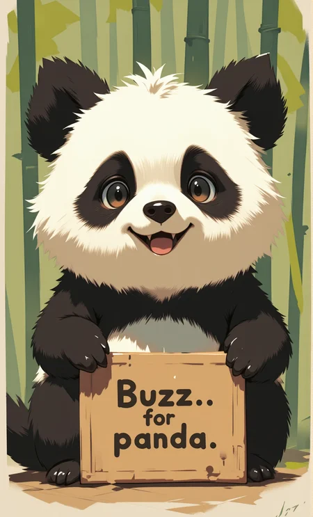 <lora:vintage_speedpaint2_flux:0.8> vintage speedpaint, <lora:MJanime_Flux_LoRa:0.8> (fluffy black and white dog:1.1) that looks like a panda, (pointy ears:1.1), (holding a sign that says "buzzz for panda":1.2), (bamboo background:0.5)