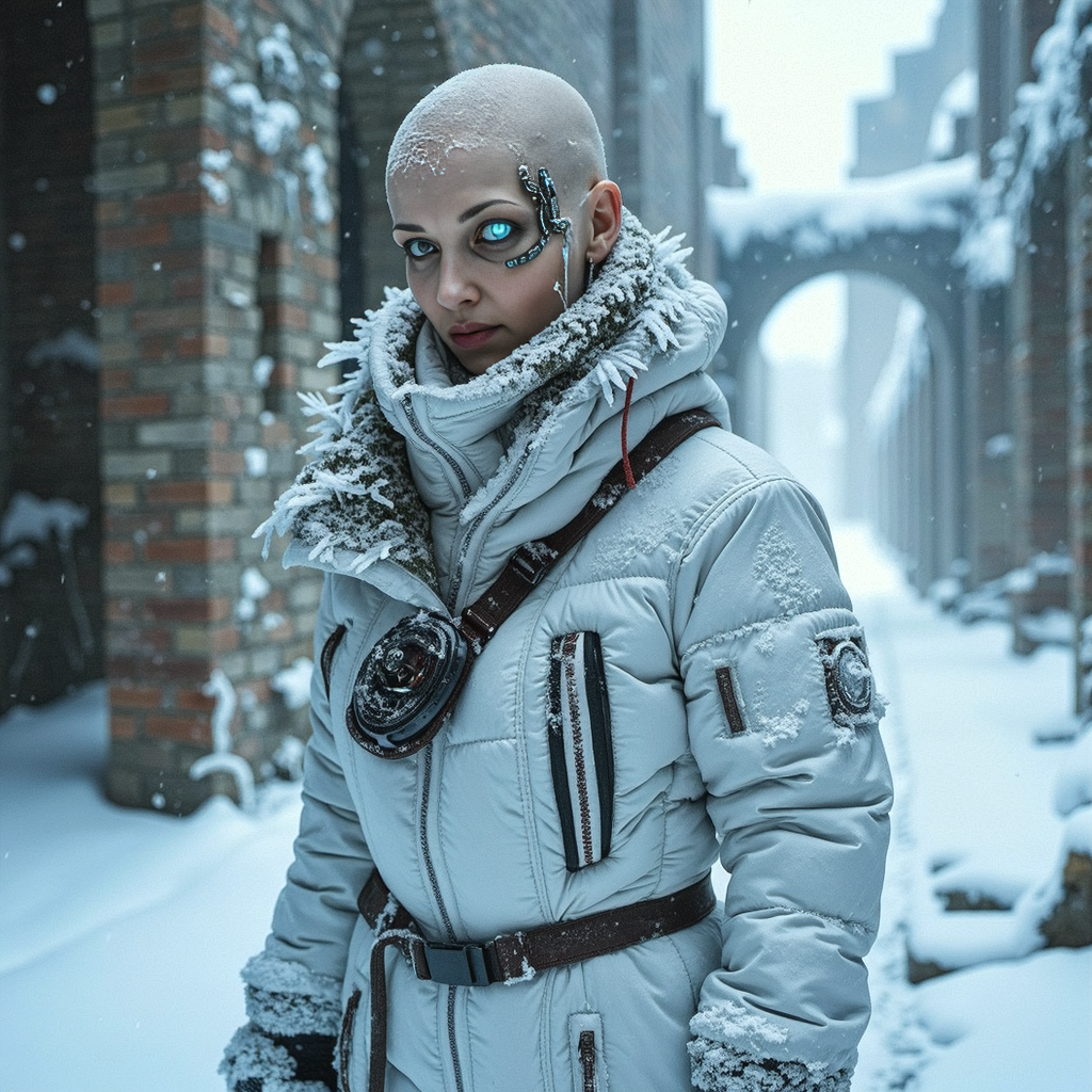 frostpunk style gaunt female (covered in snow, frost, and/or icicles), bald with a mechanicel implant around her left dimly glowing mechanical_eye, wearing a glacier white insulated jumpsuit, heated snow boots, bionic eye, set in frozen ruins, haunted by the ghosts of the past, their whispers carried on the wind. , in a blizzard,  <lora:flux_trainer/frostPunk_v1.1>, <lora:scifi/moxiePunk_v3S.safetensors:1.0>,