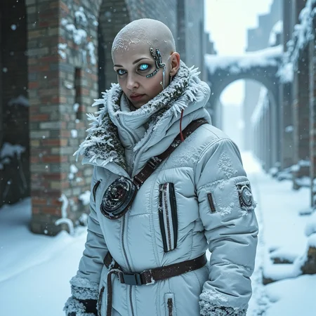 frostpunk style gaunt female (covered in snow, frost, and/or icicles), bald with a mechanicel implant around her left dimly glowing mechanical_eye, wearing a glacier white insulated jumpsuit, heated snow boots, bionic eye, set in frozen ruins, haunted by the ghosts of the past, their whispers carried on the wind. , in a blizzard, <lora:flux_trainer/frostPunk_v1.1>, <lora:scifi/moxiePunk_v3S.safetensors:1.0>,
