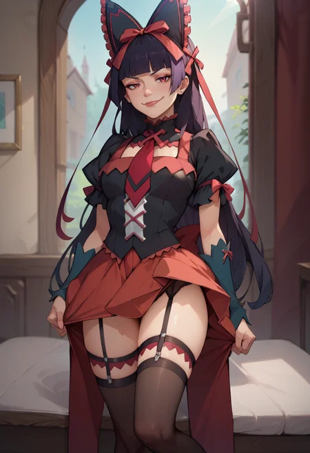 score_9, score_8_up, score_7_up, 1girl, rating_questionalble 1girl, <lora:rory_mercury-PD-1.0:1.0> rory mercury, dress, hair ribbon, puffy sleeves, necktie, thighhighs, garter straps, smug body bridge undressing