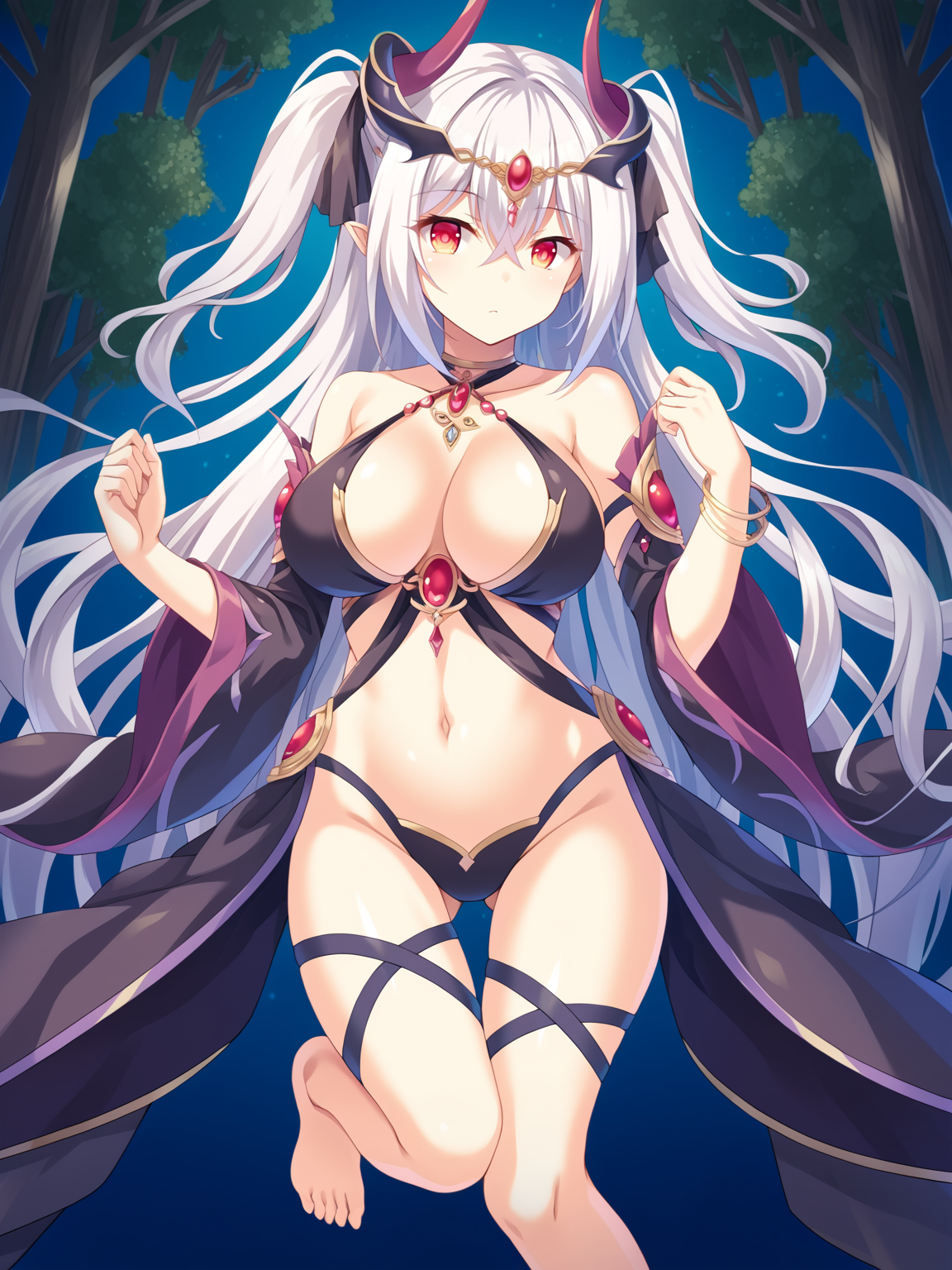 <lora:Escude_-_Yamizome_Liberator_-_All_in_One:1>,escude,ninia,1girl,solo,breasts,long hair,navel,barefoot,jewelry,horns,very long hair,simple background,gem,bracelet,large breasts,revealing clothes,hair between eyes,detached sleeves,halterneck,ribbon,two side up,bangs,bare shoulders,wide sleeves,corruption,dark persona,outdoors, tree,, score_9, score_8_up, score_7_up,source_anime,(masterpiece),(best quality),(ultra-detailed),(best illustration),(best shadow),(absurdres),(detailed background),(very aesthetic),source_anime