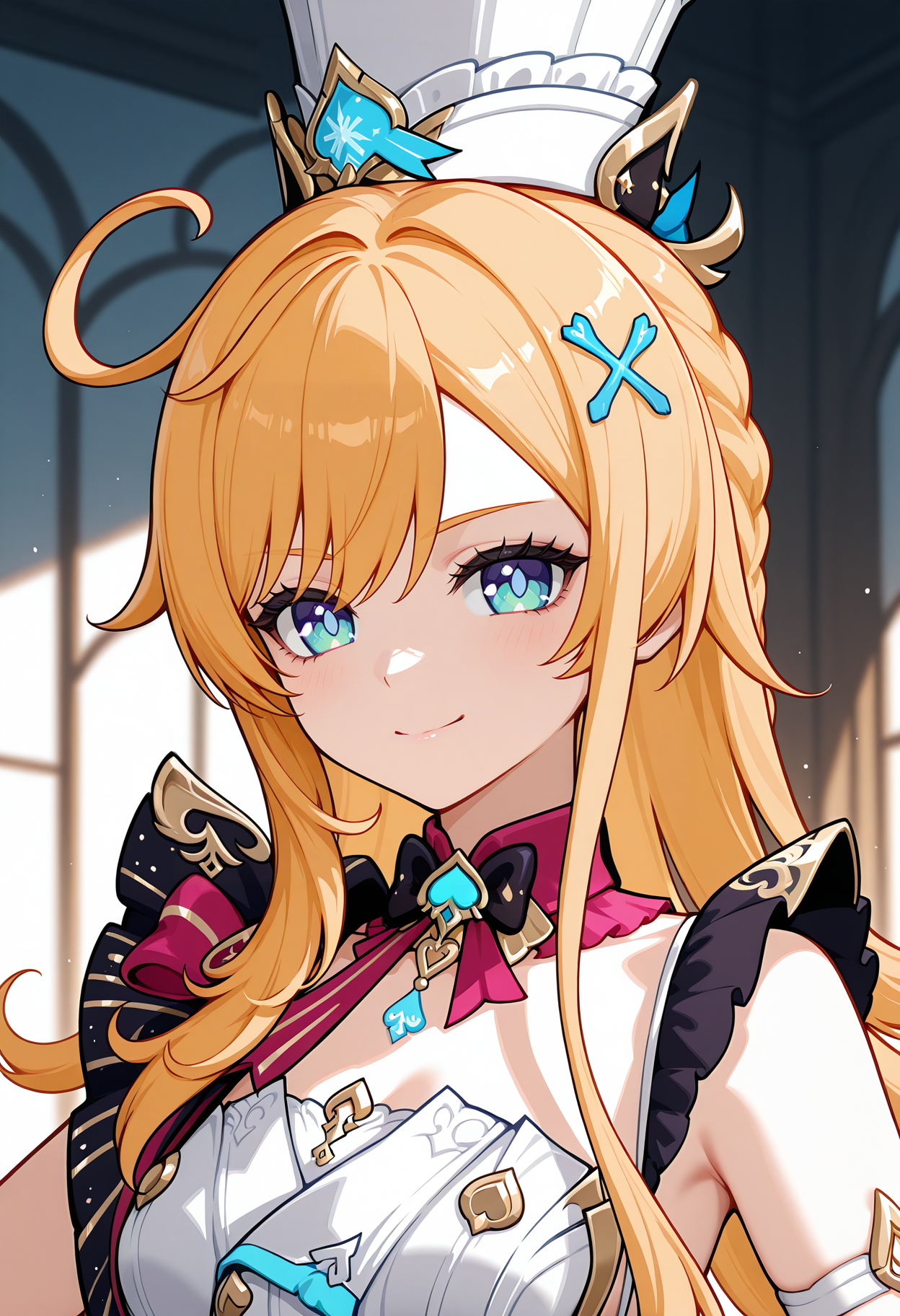 <lora:escoffier_illustrious-v1.3 (20):1>,
escoffier \(genshin_impact\),closed mouth,smile,upper body,looking at viewer,1girl,solo,hair ornament
