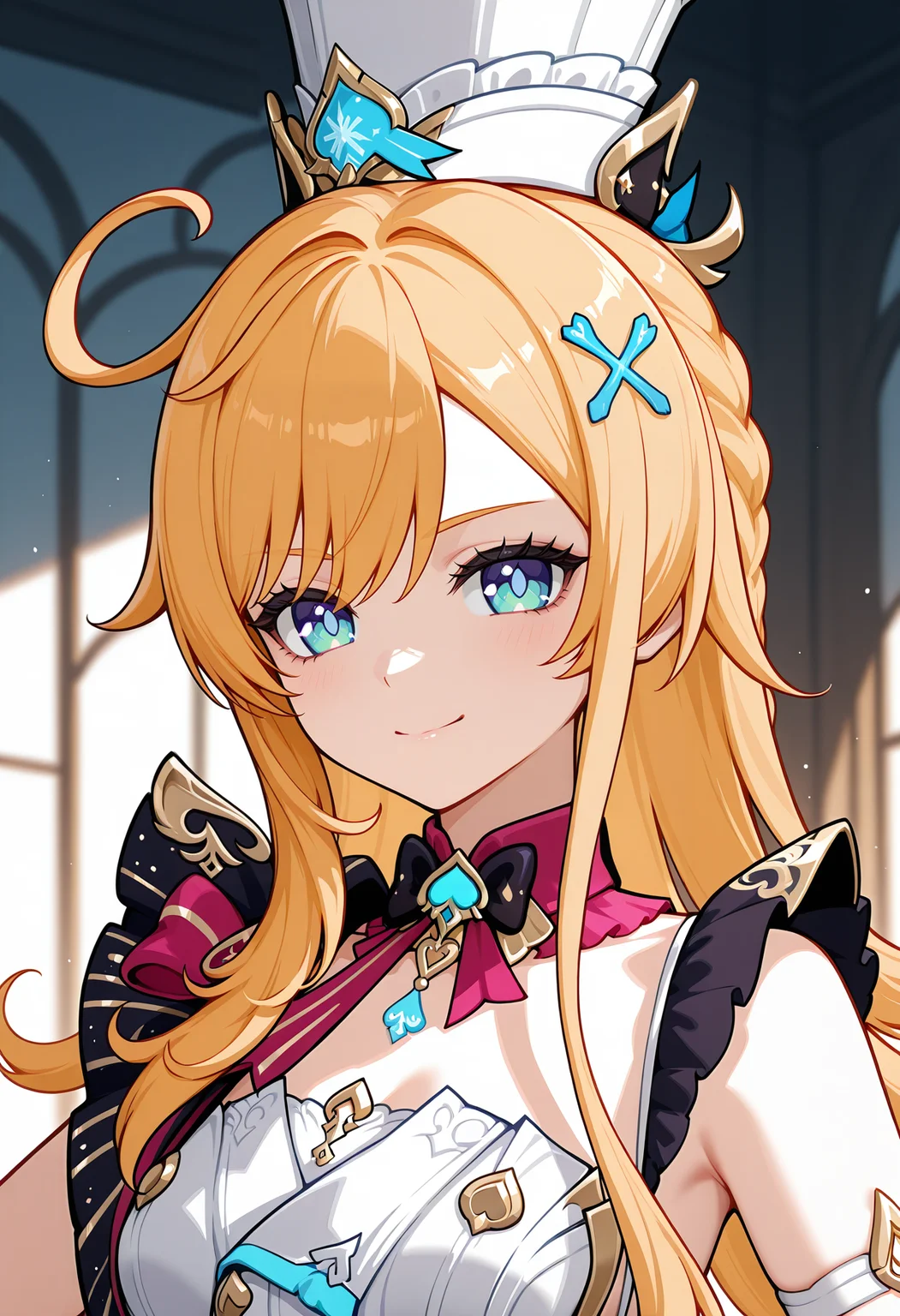 <lora:escoffier_illustrious-v1.3 (20):1>,
escoffier \(genshin_impact\),closed mouth,smile,upper body,looking at viewer,1girl,solo,hair ornament