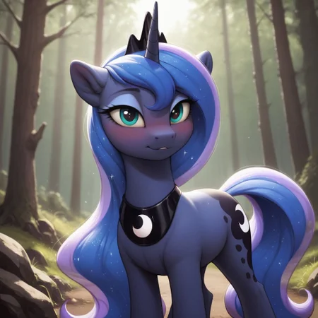 score_9, score_8_up, score_7_up, score_6_up, pony, unicorn, feral, mare, solo, (princess luna), no breasts, forest, outdoors, (evening), tail, photo_realistic, blushing female, anatomically correct, looking at you, standing,