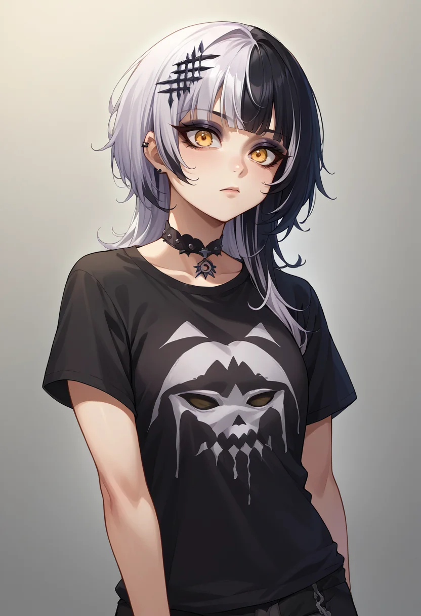 score_9, score_8_up, source_anime, 1girl, solo, ShioriNovella, split-color hair, white hair, black hair, yellow eyes, hair ornament, black shirt, t-shirt, black choker, goth, eyeliner, eyeshadow, <lora:ChamShioriNovellaPonyXLCame-000008:1>