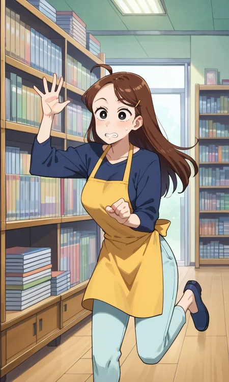 (1girl:1.5), (solo:1.3), (score_9, score_8_up, score_7_up, score_6_up, score_5_up, score_4_up), (source_anime), (rating_questionable), (book-nakamura), (black eyes, brown hair, long hair, ahoge, forehead, swept bangs), (dark blue sweater, light blue pants, yellow apron, no socks, dark blue footwear), (large breasts), <lora:book-nakamura-late_v1:0.8>, surprised, clenched teeth,   open mouth, looking at viewer, sweatdrop, 
indoors, bookstore, bookshelf, 
standing,  hand sign, hands up, legs apart, fighting stance,