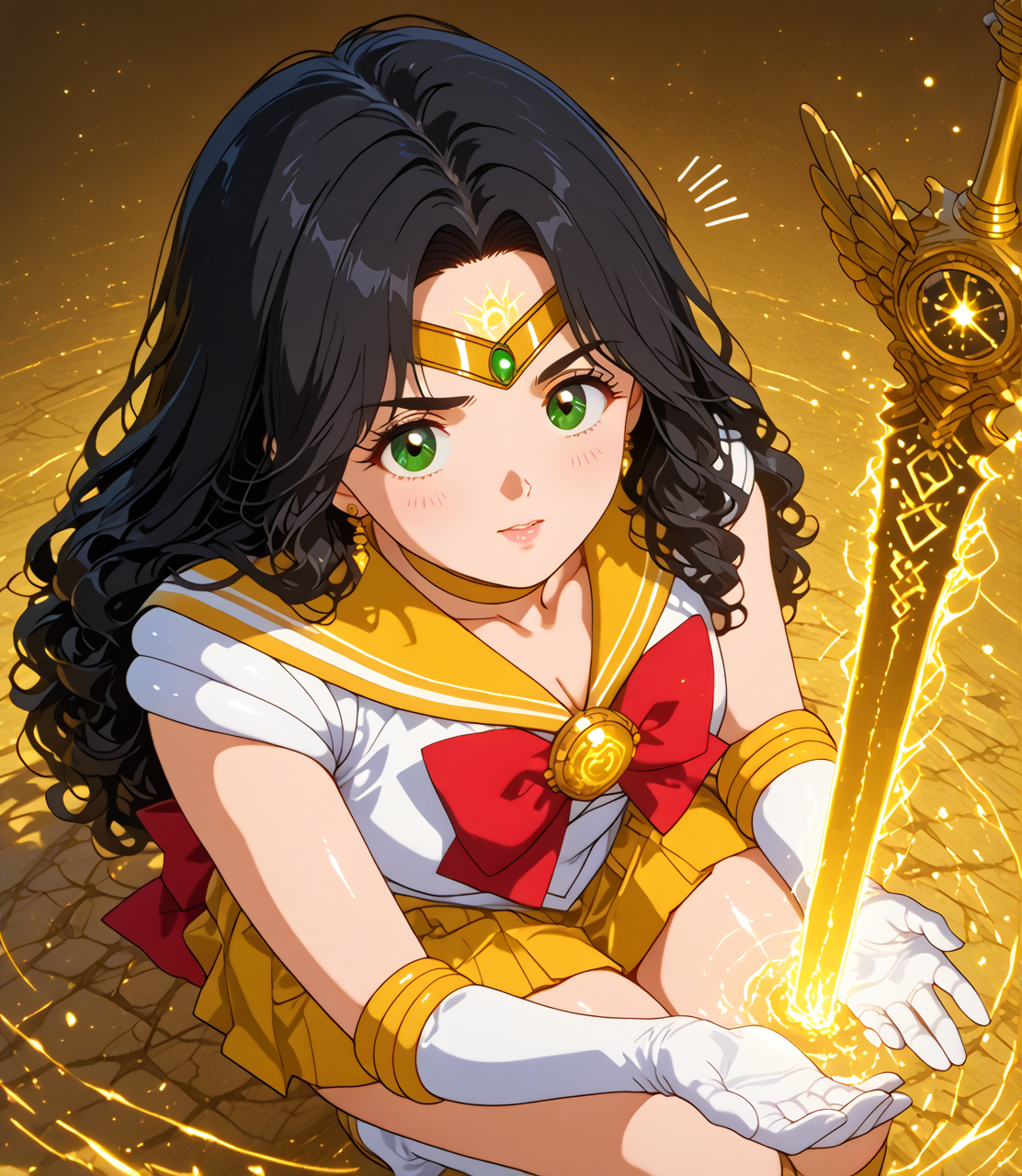 IllusP0s, PonyScores7, source_anime, ah1, IllustriousQual, interesting, exciting, spectacular, wonderful, <lora:Sailor_Moon_Style:1>,
BREAK (Panoramic Shot),
BREAK 1girl, mature female, (round face:1.2), (thick eyebrows:1.3), (curvy), round-chin, caucasian, (plump face), <lora:Round_face:0.2>, <lora:ETO_OC_Illustrius:0.5>, eto_oc, skindentation, (plump), thick thighs, wide hips, busty, voluptuous, lips, <lora:venus body PonyXL:0.3>, <lora:shinyskin2:0.2>, glistening skin,
BREAK  (curly hair), long hair, (black hair:1.4), (parted hair:1.7), messy hair, kinky curls, <lora:hairdetailpxl:0.2>, hairdetailpxl,
BREAK (half green and brown eyes), (colorful eyes), (multicolored eyes), (downturned eyes:1.4), <lora:expressive eyes:0.2>, expressive eyes, <lora:eyedetailpxl:0.2>, eyedetailpxl, <lora:Eyes_High_Definition:0.2>, EyesHD,
BREAK ((anxious expression, Worry lines on the forehead, tight mouth, wide eyes)), <lora:Expressive_H:0.2>, Expressiveh, <lora:Emotional_Anime_Expressions_PonyXL_Concept:0.2>, emotional, <lora:Best_Facial_Expression_LoRA_PONY:0.2>, looking at viewer, <lora:Detailed expressive EXEV style -XL Pony V1.0:0.2>, FaceDetail,
BREAK ((wielding Bastard sword with gilded hilt)),
BREAK (old rose  <lora:Sailor_Moon_Cosplay:0.8>, sailormooncosplay, forehead_tiara, back bow, sailor collar, skirt, boots, bow, brooch, choker, elbow gloves, gloves, jewelry, knee boots, white boots, pleated skirt, sailor senshi uniform, skirt, white gloves), <lora:FantasyWizardWitchesIL:0.8>, hkmagic, Paisley swirl pattern magic, performing spells, holding magic weapon,
BREAK (((A figure with skin of living gold and hair of woven sunbeams stood atop a mountain of gold, It raised its hands, and the gold around it began to glow with an inner light, radiating warmth and power that could be felt for miles around))),
BREAK <lora:xl_more_art-full_v1:0.2>, <lora:aesthetic_anime_v1s:0.2>, <lora:EpicF4nta5yXL:0.2>, <lora:detailxl:0.2>, detailxl, <lora:Fant5yP0ny:0.2>, best quality, amazing quality, best aesthetic, absurdres, illustration, Volumetric_Lighting, ultra-detailed, very aesthetic, intricate details, 8k, masterpiece, best_quality
BREAK Stable_Yogis_PDXL_Positives, AS-Adult, <lora:Complicated fantasy portrait - XL Pony V2.0:0.2>, bad-hands-5, <lora:HDA_Detailer:0.3>, HDA_FatGirlXL,