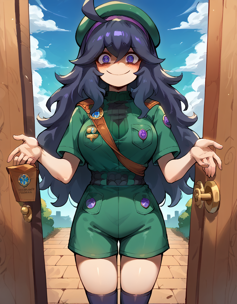 score_9, score_8_up, score_7_up, source_anime, <lora:hex-maniac-ponyxl-lora-nochekaiser:1> hex maniac, hairband, messy hair, purple eyes, purple hair, purple hairband, @ @, large breasts,, <lora:girl-scout-uniform-ponyxl-lora-nochekaiser:1> girl scout uniform, badge, beret, breast pocket, girl scout, green hat, hat, short sleeves, shirt, green shirt, shoulder sash, medal, button badge, uniform, shorts, green shorts, short shorts, kneehighs,, smile, blush, looking at viewer, blue sky, clouds, entrance, doorway, <lora:incoming-gift-ponyxl-lora-nochekaiser:1>, incoming gift, outstretched arms, holding, holding box, box, cardboard box,, cowboy shot,