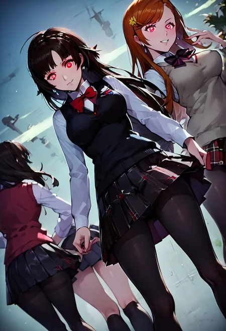 (score_9:1.2), score_8_up, score_7_up, 2 girls, "makoto niijima" from persona 5, BREAK ,close up, "tifa lockhart" from final fantasy 7 (black pantyhose, black skirt, black vest, bow, checkered clothes, checkered skirt, long sleeves, miniskirt, pantyhose, plaid, plaid skirt, pleated, pleated skirt, red bow, school uniform, shirt, shuujin academy school uniform, skirt, sweater, sweater vest, turtleneck, turtleneck sweater, vest, white shirt, white sweater), zero, blank smile, from behind, detailed face , dutch angle, (expressionless,emotionless sex, dazed, passive),@ @,(glowing eyes,spiralwash_eyes), heart-shaped pupils, corruption, corrupt_girl, athletic, perfect hands, perfect, hands, hand,