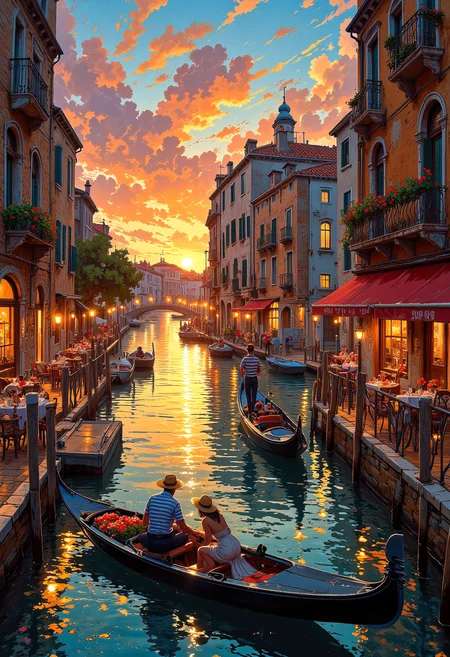 As the sun sets over Venice's Grand Canal, the golden light reflects off the rippling waters, where elegant gondolas glide beneath historic arched bridges. A gondolier in a striped shirt and straw hat serenades a couple wrapped in a romantic embrace, while other tourists lean over balcony railings, capturing the enchanting moment. Along the canal's edge, candlelit restaurants serve plates of fresh seafood pasta and glasses of deep red Chianti, while the air is filled with the aroma of freshly baked bruschetta topped with basil and tomato. The entire cityscape is bathed in a magical glow, where history and romance intertwine.