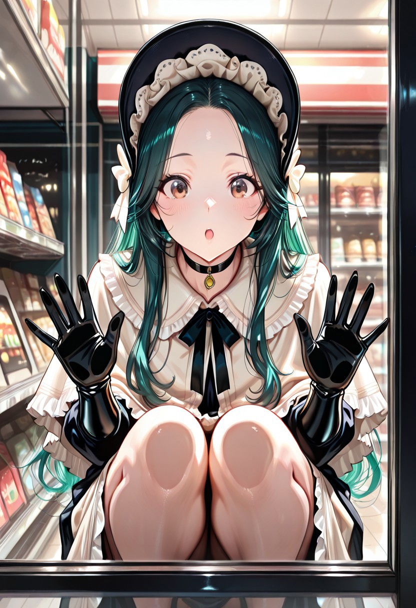 foreground store front. 
1girl, solo, (squatting in front of store, knees together, hands on glass, :O), (bonnet, frill dress, long dress, frill sleeves, long sleeves, victorian style, black elbow gloves, frilly capelet, black choker, light colors), (midoriL, long hair, green hair, brown eyes),
(shallow focus shot, close up, face focus), ((shop window, shopping district)), 
masterpiece, absurdres, newest, highly detailed, best quality, visual impact, high contrast, 4K, detailed eyes, great anatomy, correct anatomy, uncensored
