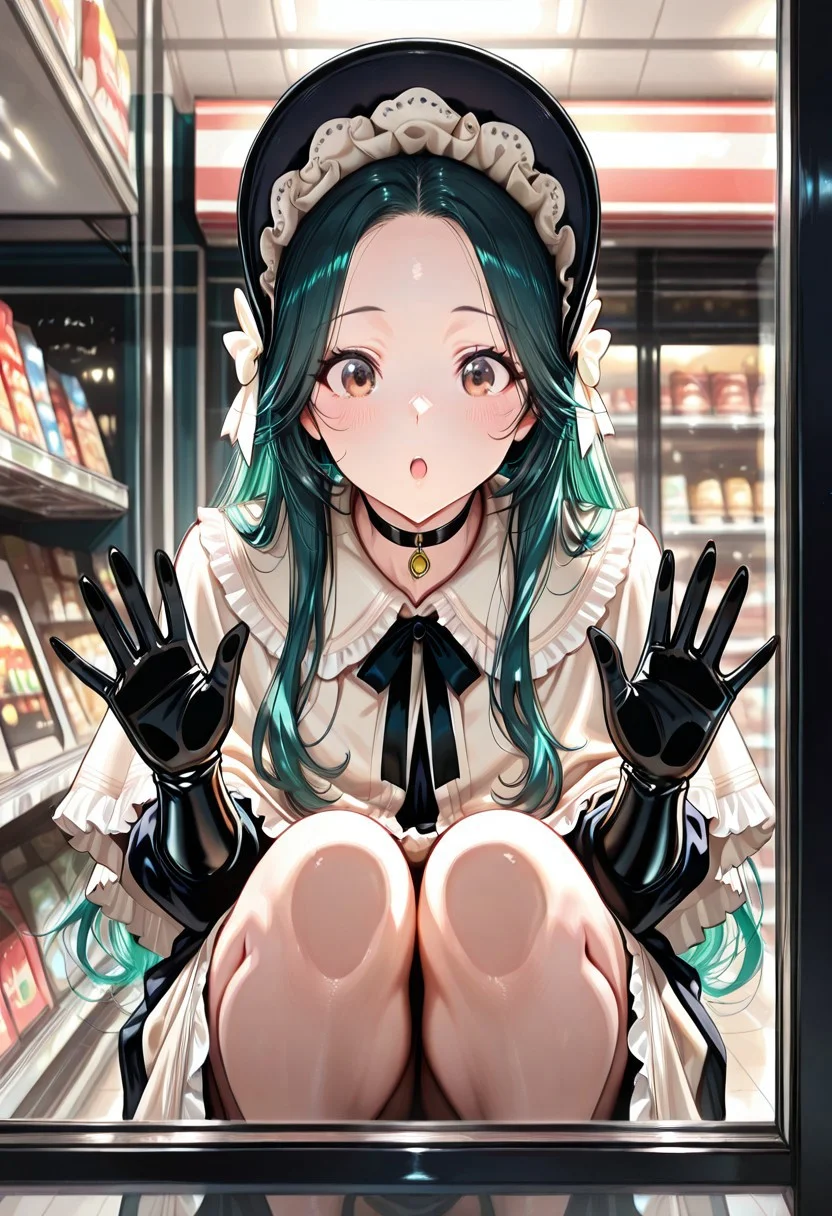foreground store front.
1girl, solo, (squatting in front of store, knees together, hands on glass, :O), (bonnet, frill dress, long dress, frill sleeves, long sleeves, victorian style, black elbow gloves, frilly capelet, black choker, light colors), (midoriL, long hair, green hair, brown eyes),
(shallow focus shot, close up, face focus), ((shop window, shopping district)),
masterpiece, absurdres, newest, highly detailed, best quality, visual impact, high contrast, 4K, detailed eyes, great anatomy, correct anatomy, uncensored