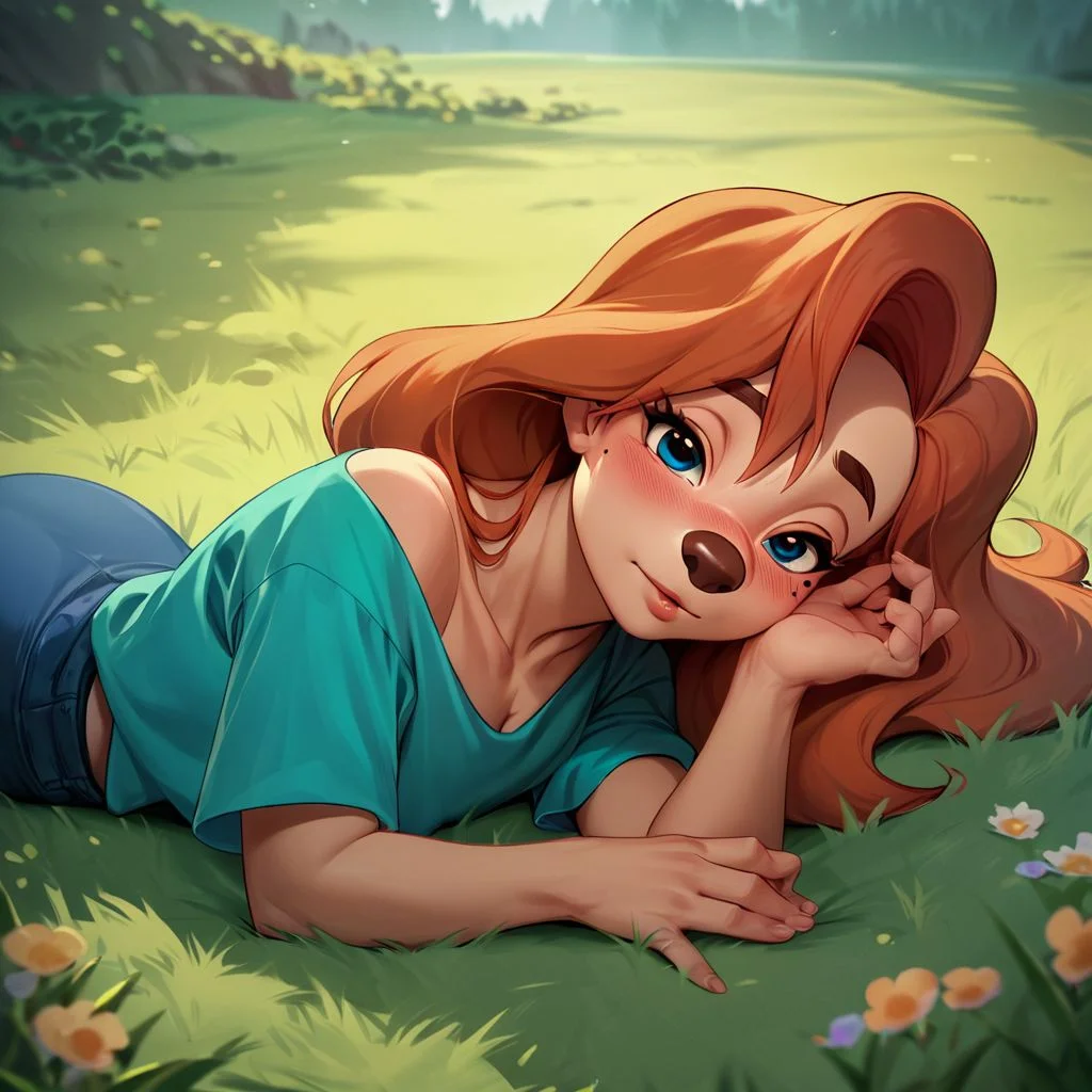 score_9, score_8_up, score_7_up, score_6_up, score_5_up, score_4_up, rating_safe, 1girl, Rox, mole, furry, laying in the grass, blushing, looking at viewer