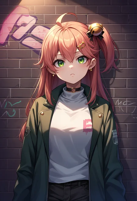 score_9, score_8_up, source_anime, 1girl, solo, SakuraMiko, long hair, ahoge, one side up, hair bell, earrings, sharp eyes, choker, neon shirt, open jacket, turtleneck sweater, night, against wall, brick wall, graffiti, dim lighting, alley, looking at viewer, <lora:CHAR-SakuraMikoPonyXL:1>