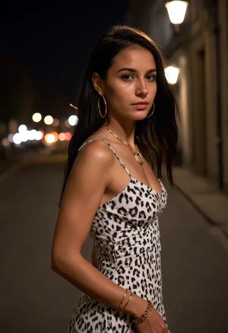 A photorealistic nighttime portrait of a petite, beautiful 29-year-old Turkish woman standing alone on a softly lit city street, side view, her slender body and youthful face framed by long flowing black hair, styled simply to reveal small mini-circle earrings, her skin pale and luminous under soft urban lighting, brown eyes glancing to the side with a shy, slightly worried expression, subtle bracelets and layered necklaces adding a touch of detail, wearing a short, sleeveless white dress with a bold leopard print pattern, bare shoulders and light visible abs, the fabric clinging naturally to her slim, petite figure, medium bust, posing with reserved allure and natural elegance, cinematic street lighting creates gentle contrast and soft glows, bracelet and jewelry sparkle subtly, mood is quiet, intimate, and atmospheric