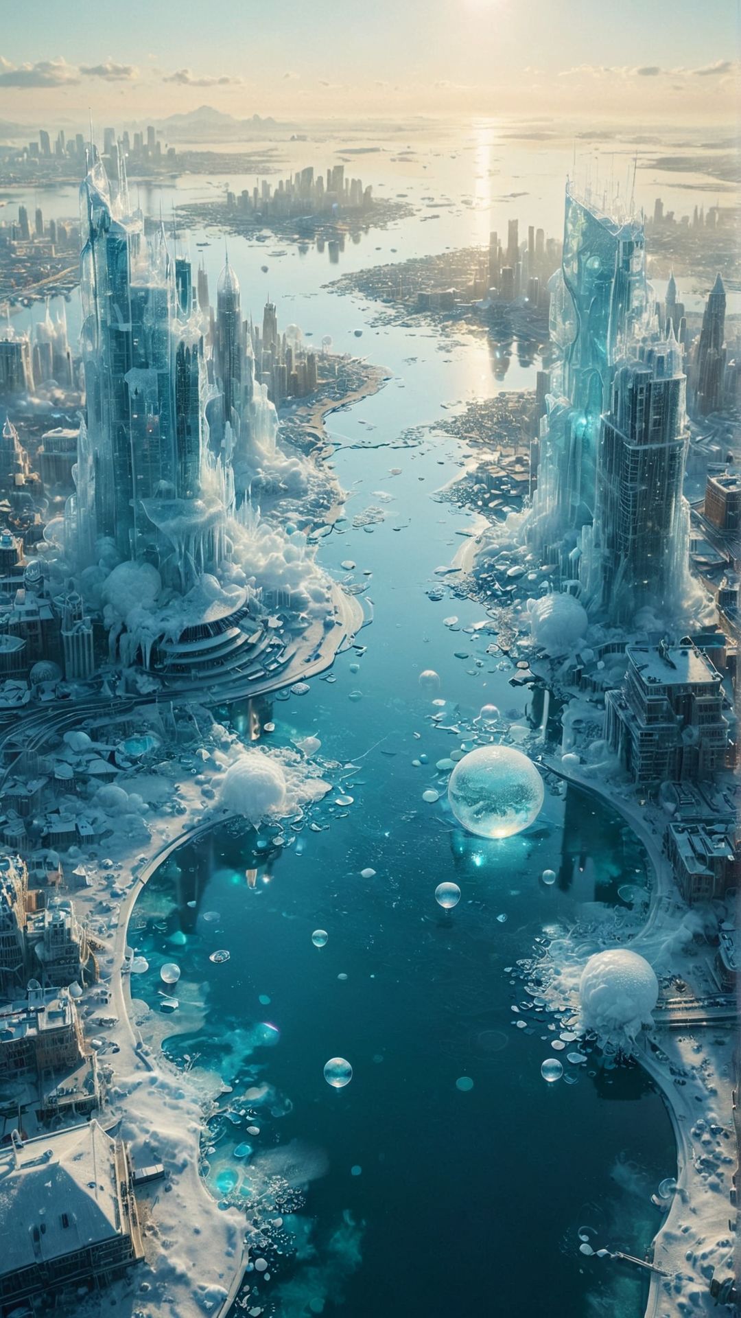 surreal, a city where all buildings are made of floating bubbles, inhabitants are ethereal beings with translucent skin, vibrant bioluminescent pathways, futuristic and dreamlike glow,
<lora:Ice:1> ice,
<lora:add-detail-xl:1>,
<lora:MJ52:0.35>,
<lora:SDXLFaeTastic2400:0.325>,
(settings by AIDigitalmediaaggency:0.0001),
OverallDetailXL