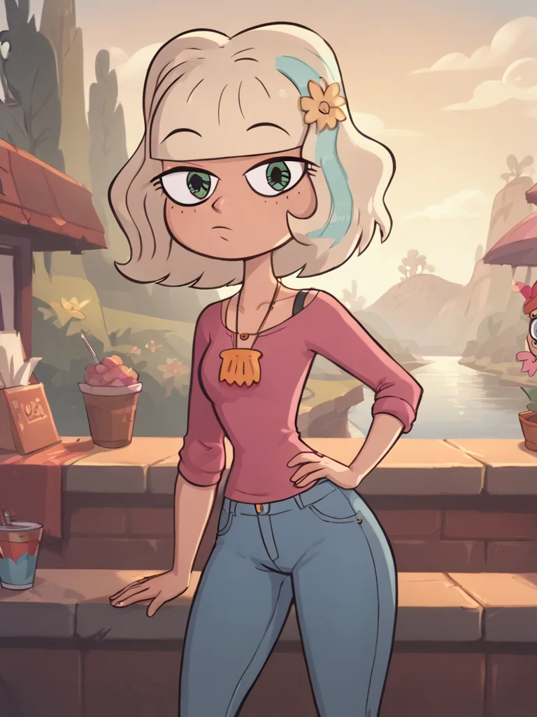 <lora:JackieLPony1.0:0.9> JackieL, pants, 1girl, pink shirt, jeans, boots, blonde hair, shell necklace, hand on hip, short hair, hair ornament, flower, multicolored hair, green eyes,standing,cowboy shot,looking at viewer,<lora:Smooth Anime Style LoRA XL:1> toon \(style\),, score_9, score_8_up, score_7_up, score_6_up