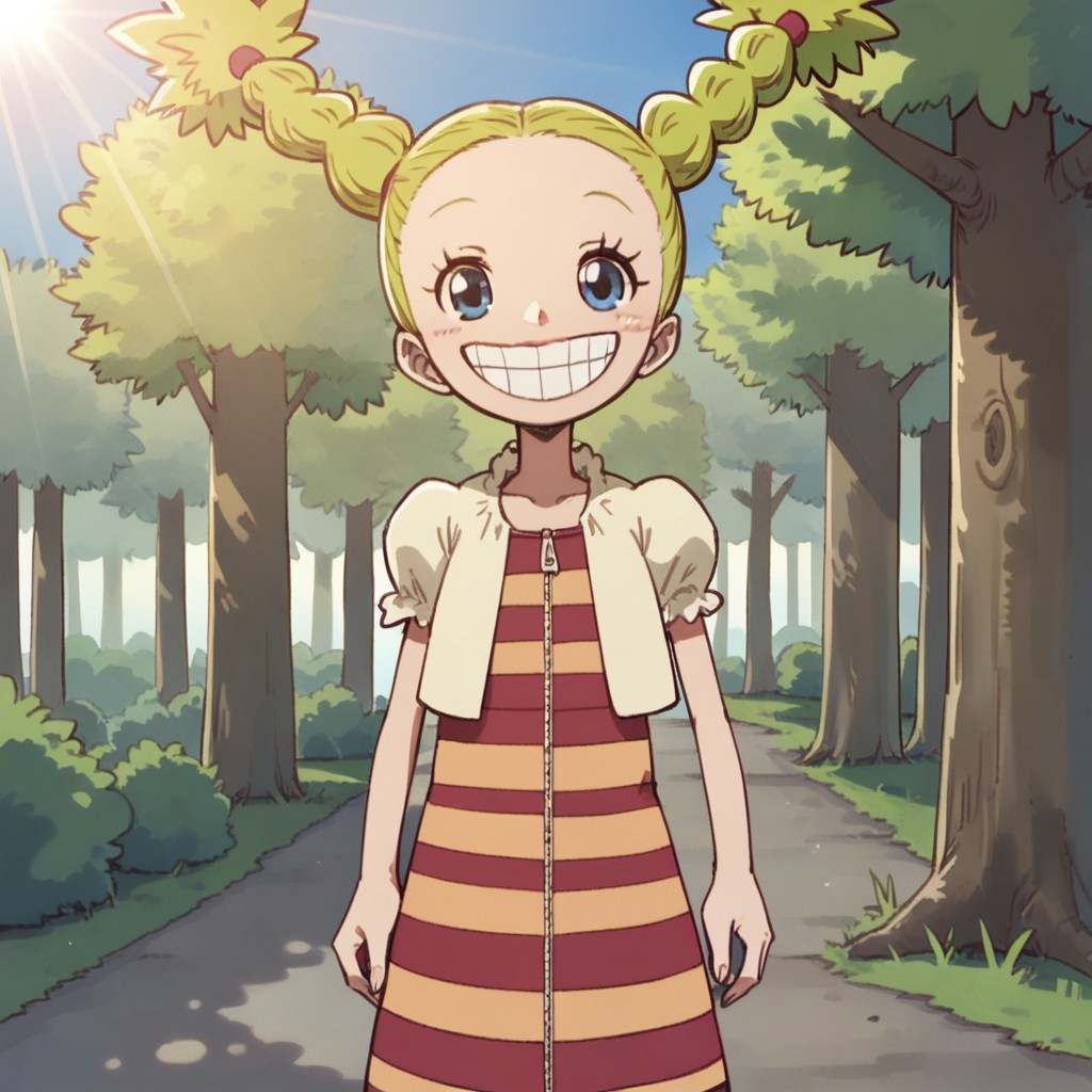 score_9, score_8, score_7, break, chim_op, 1girl, blonde hair, twin braids, striped, dress, puffy sleeves, smile, looking at viewer, trees, outdoors, sunlight, shadows, natural lighting