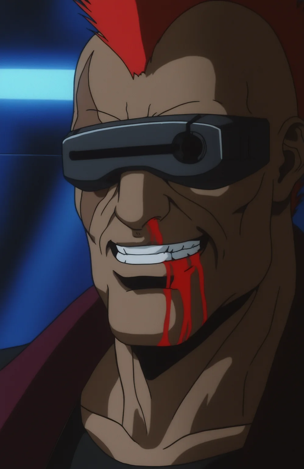 highly detailed, best quality, masterpiece, science fiction, anime screenshot, portrait,
mohawk, 1boy, solo, red hair, scar, grin, head-mounted display, nosebleed, injured, bloody mouth, cinematic lighting, dark skin,
<lora:Cyber City Oedo 808 Illustrious 0.1:0.8>