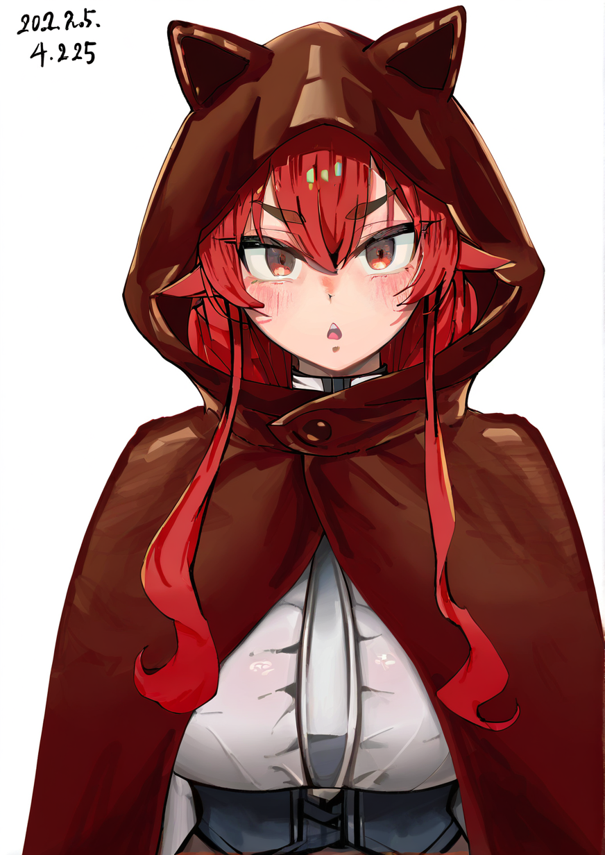 <lora:gruki:1.2>,1girl, eris greyrat, huge breasts, , animal ears, animal hood, blush, brown cloak, cloak, dated, fake animal ears, frown, hair between eyes, hood, hood up, hooded cloak, kemonomimi mode, light blush, long hair, looking at viewer, open mouth, red eyes, red hair, solo, thick eyebrows, very long hair, 
very awa, masterpiece, best quality, highres, absurdes,amazing quality