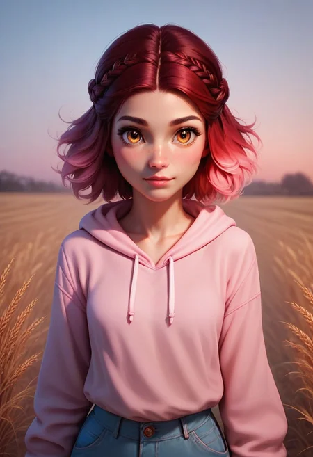 score_9, score_8_up, score_7_up, semi realistic, 1girl, Ruby Gamroy, 20 years old, amber eyes, detailed hands, detailed face,
seductive look, red hair, pink gradient hair, shoulder length hair, french braid, ombre, ears covered with hair, small breast,
pink hoodie,
high angle,
halloween, harvest, autumnal, outdoors, wheat field,