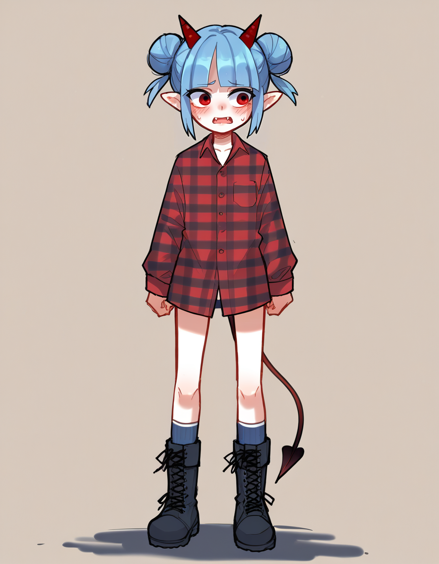 score_9, score_8_up, score_7_up, score_6_up, score_5_up, score_4_up, solo, 1girl, solo,
<lora:Popoka_v3:0.8> ppka, nervous, superhero landing, plaid shirt, combat boots, flat color, sketch, <lora:Nullantwins:0.8> Zhuu, blue hair, red eyes, pointy ears, red horns, demon tail, small breasts, fangs out, double bun, blunt bangs,