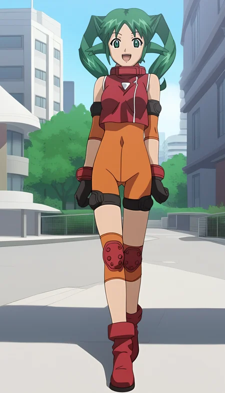 anime artwork score_9, source_anime BREAK, oldest, anime screencap, outdoors, city, town,  day, sunlight, standing, <lora:SoltyRevant(pony)-06:1> SoltyRevant, open mouth, smile, looking at viewer, 
 short hair,  twintails,  green hair,  bodysuit,  orange bodysuit,  elbow pads,  knee pads,  gloves, boots, black and red boots,  shirt, red shirt, sleeveless shirt, sleeveless, collared shirt, right side zipper, triangle print,  white triangle print, (shorts), red knee_patches, . anime style, key visual, vibrant, studio anime,  highly detailed