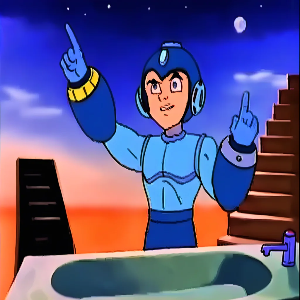 portrait, blurry, 1boy, sink, blue robot, :d, star (sky), stairs, meme, armor, ocean, arms at sides, blue metal armor, teeth, solo, cartoon, arms up, border, sky, middle finger, one eye closed, looking to the side, back, sketch
