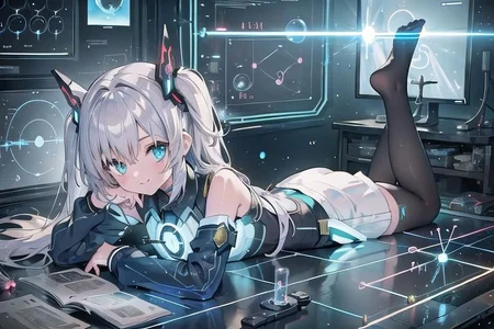 (masterpiece), (science fiction:1.4), 1girl, lying on the back on a mirror, lying on the back on a mirror, lying on the back on a mirror, smile, silver hair, aqua eyes, headgear, long sleeves, detached sleeves, glowing energy clothing, light particles, energy particles, perfect hands, perfect legs