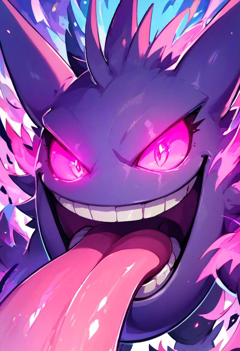 score_9, score_8_up, score_8,
gengar, no humans, gengar, :d, creatures (company), game freak, gen 1 pokemon, glowing, glowing eyes, nintendo, open mouth, pink eyes, pokemon, pokemon (creature), smile, solo, teeth, tongue, tongue out