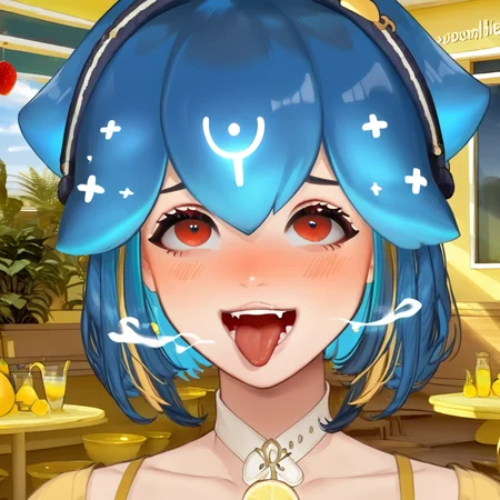 (score_9, score_8_up, score_7_up, score_6_up, score_5_up, score_4_up),
BaoTheWhale,lemon outfit,score_9,1girl,solo,blush,smile,open mouth,bangs,blonde hair,red eyes,hair between eyes,blue hair,multicolored hair,teeth,tongue,virtual youtuber,tongue out,fangs,looking up,portrait,breath
 <lora:bao_vtuber_pony:0.8>