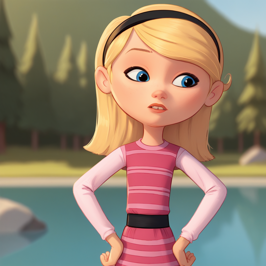 score_9_up, score_8_up, BREAK, PennyPeterson, 1girl, solo, blonde hair, blue eyes, hairband, pink dress, striped dress, white sleeves, long sleeves, cowboy shot, hands on own hips, <lora:Penny_Peterson_PXL_Leaf2:1>, outdoors, depth of field,