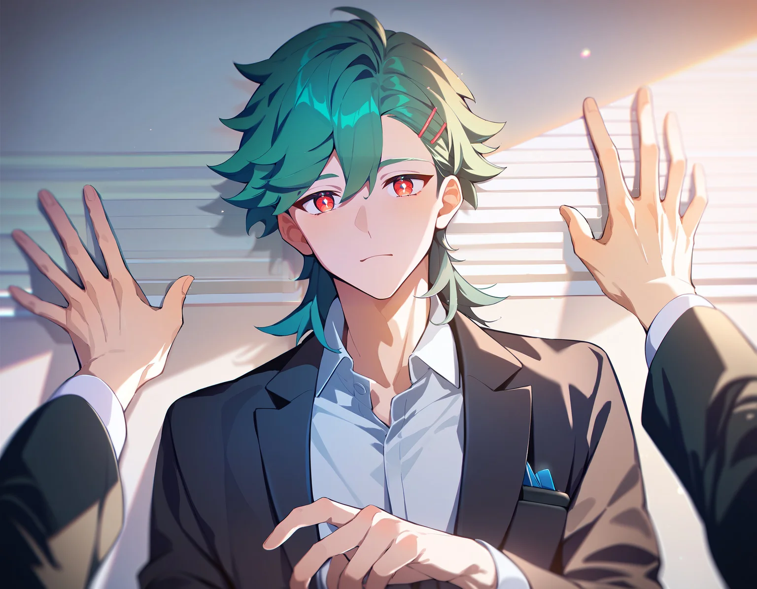 score_9, score_8_up, score_7_up, best quality, amazing quality, best aesthetic, amazing aesthetic, 2023, duo, solo focus, green hair, red eyes, medium hair, hairclip, bangs, suit, pov hands, kabedon, <lora:KabedompovPonyXL:1.2>, wall \(structure\), office