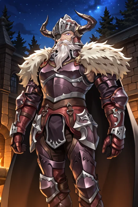 <lora:BaldusIL:0.8> , BldsDef, 1boy, one-eyed, purple eyes, white hair, beard, facial hair, mustache, eyepatch, horns, helmet, horned helmet, fake horns, armor, greaves, gauntlets, fur pauldrons, black cape, cape, old, old man, ((face, close-up, portrait)), night, exterior, looking at viewer, solo, masterpiece, very aesthetic, absurdres, best quality, amazing quality, high resolution, detailed background,  <lora:illustrious_quality_modifiers_masterpieces_v1:0.8> , <lora:ChamIllustriousBackgroundEnhancer:0.5>