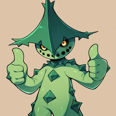 Score_7_up, score_8_up, upper body, solo male, 
BREAK,
 Cacturne, cactus, plant humanoid, yellow eyes, smile, Pokemon_(creature), green body, (thumbs up), simple background,