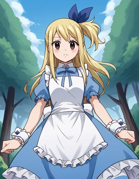 score_9, score_8_up, score_7_up, source_anime, lucyheartfilia, <lora:lucy-heartfilia-s7-ponyxl-lora-nochekaiser:1>, lucy heartfilia, blonde hair, brown eyes, long hair, one side up, ribbon, hair ribbon, blue ribbon,, <lora:alice-cosplay-ponyxl-lora-nochekaiser:1>, alicecosplay alice \(alice in wonderland\) \(cosplay\), apron, black pantyhose, bloomers, blue dress, bow, dress, frilled apron, frilled dress, frills, puffy short sleeves, puffy sleeves, striped clothes, striped pantyhose, white apron, white bloomers, white pantyhose, wrist cuffs,, landscape, forest, blush,, cowboy shot, dutch angle, solo,