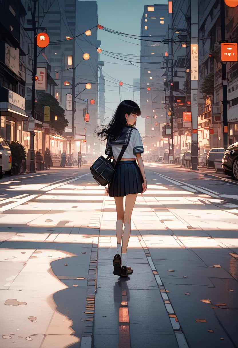 score_9, score_8_up, score_7_up, score_6_up, score_5_up, score_4_up, source_anime, 1girl, solo, 18yo, (slim face:1.5), (bangs:1.2), skinny, thin body, wide hips, thin thighs,
<lora:age_slider_v4:2> <lora:Expressive_H:1><lora:Kenva:0.8> <lora:naipf:0.6>
looking back, road, bag, skirt, street, school uniform, outdoors, walking, serafuku, crosswalk, black hair, long hair, motor vehicle, day, realistic, real world location, shoes, socks,