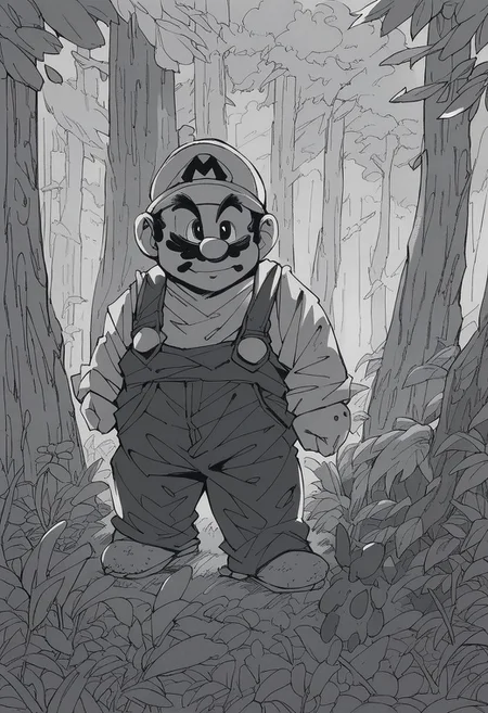 score_7_up, score_8_up, score_7_up, mario, overalls, monochrome, grayscale, forest, cowboy shot