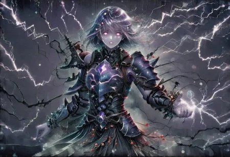 (Masterpiece:1.3), (best quality:1.2), (detailed background:1.1), (intricate details:1.1), (detailed background:1.2), 1girl, solo focus, standing, perfect anatomy,
bleakfaith,
source_anime, night sky, dark cloud background, sky background, lightning on background, only purple lightning, purple lightning, dark purple theme,
BREAK
watercolor, chinese,traditional,
BREAK
(purple hair:1.2),(pale skin:1.3), (purple skin:1.5),1girl,solo, mysterious, vivid color, shiny, (short purple hair), bob cut hair, purple eyes,glowing purple pupils,
laugh arrogantly,
BREAK
armor(dark suit,armor, animal chest plate), lightning, dark purple lightning on armor, chinese style,
spraks in hand,
BREAK
looking at the viewer, front view, full view,
best quality, ultra-detailed, absurdres, detail face, best quality, hires textures, high detail, (4k),incredibly detailed
NegativeDynamics,