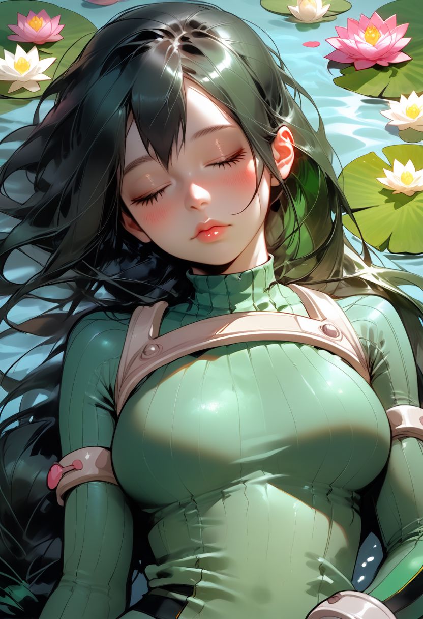score_9, score_8_up, score_7_up, source_cartoon, 
1girl, Tsuyu Asui, \(My Hero Academia\)/,(ultra HD quality details), long hair, black hair, black eyes, low-tied long hair, hair rings,
gloves, bodysuit, green bodysuit,
 solo, adorable cute girl, sleeping on a lotus, sleeping, (tiny size, sleeping:1.2), blushing, moaning, colorful detailed flower background, (detailed image, high resolution, 5k resolution:1.0), Expressiveh,