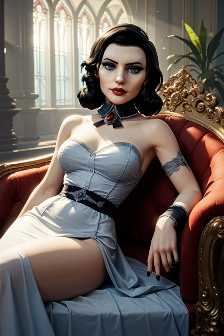 score_9, score_8_up, score_7_up, score_6_up
<lora:BioshockBurialElizabeth:0.8>
BioshockBurialElizabeth, 1girl, black hair, blue eyes, looking at viewer, reclining on a vintage chaise lounge, one arm draped over the back, elegant ballroom with crystal chandeliers, soft ambient lighting, luxurious and sophisticated setting