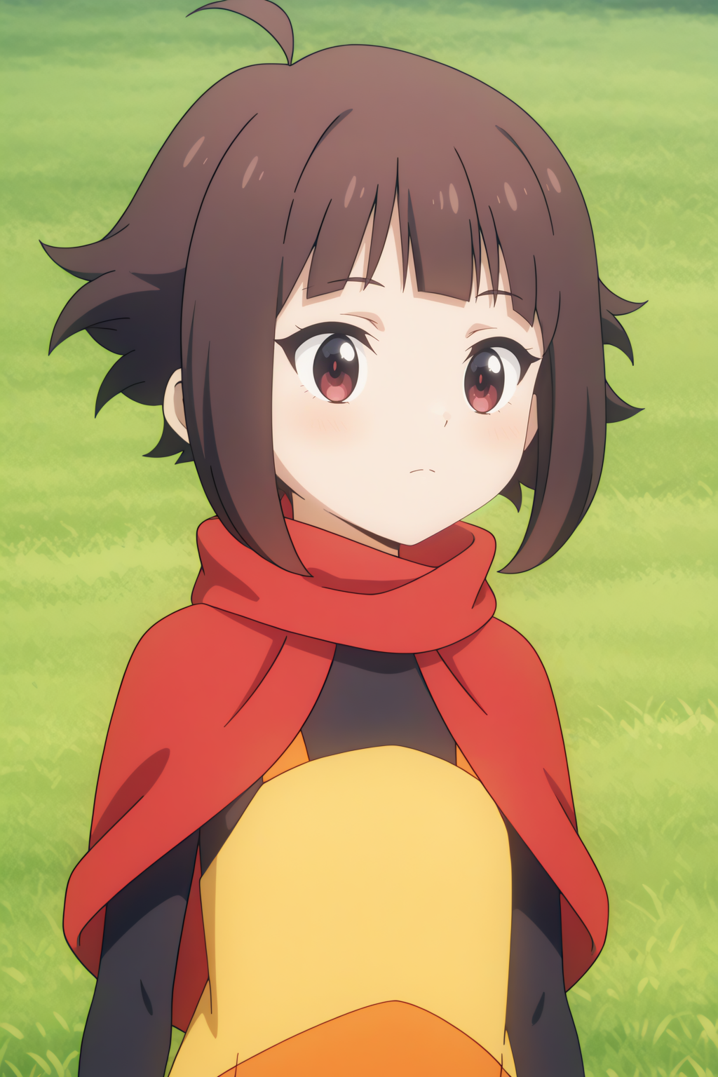upper body,  young Megumin,  ahoge, short hair, pantyhose, dress, capelet <lora:Konosuba_Bakuen_-_young_Megumin_-_illustrious:0.8>