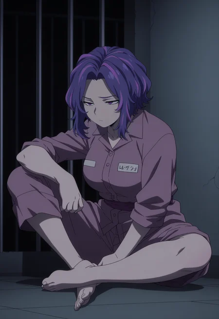 1girl,solo,mm,mature female,purple hair,multicolored hair,short hair,purple eyes,anime coloring,
sitting,on floor,indian style, knee up,prison clothes, prison,barefoot,
,masterpiece,best quality,amazing quality,<lora:Lady_Nagant-My_Hero_Academia:0.8>