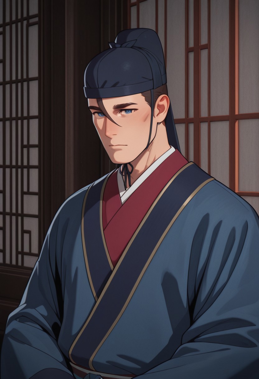 masterpiece, best quality, amazing quality, absurdres, newest, detailed background, definition so sharp, Ultra-HD, 8K cinematic, very awa, impressionate, amazing quality, highres, 
solo, male focus, manly, mature male, bara, 
gaoshun, gaoshun_brown hair, gaoshun_blue eyes, 1boy, solo, male focus,short hair, cheekbones, man bun, blue cap, gaoshun_casual kimono, blue hanfu, red kimono, looking at viewer