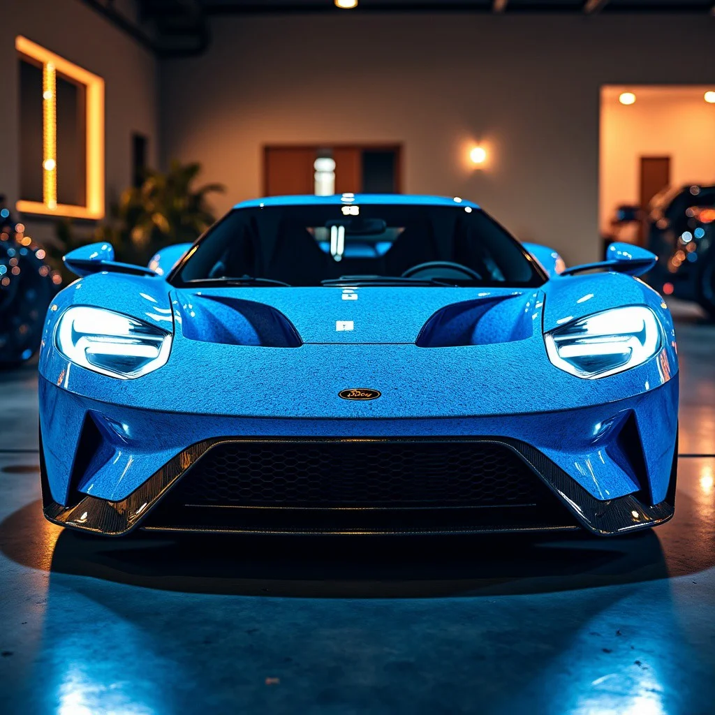 A Ford GT, incredible opal-infused paint coating, insanely valuable car, gold-trim and detail, slick custom vehicle with extra wide rims, aero, spoiler, racing stripes, flawless blue paint job, futuristic mods, custom modern lights, underglow neon kit, side muffler, amazing fit and finish, extreme details, highest quality, masterpiece