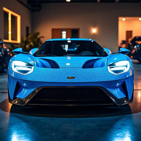 A Ford GT, incredible opal-infused paint coating, insanely valuable car, gold-trim and detail, slick custom vehicle with extra wide rims, aero, spoiler, racing stripes, flawless blue paint job, futuristic mods, custom modern lights, underglow neon kit, side muffler, amazing fit and finish, extreme details, highest quality, masterpiece